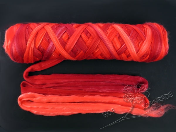 Aust. Merino sheep wool "Red Heat" Floating Color - 100g silk blend
